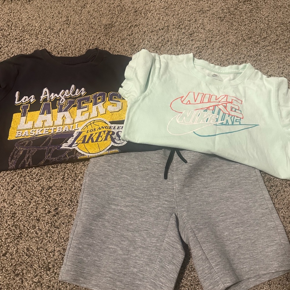 Nike Mint Green Tee and Lakers Black Tee with Gray Shorts
